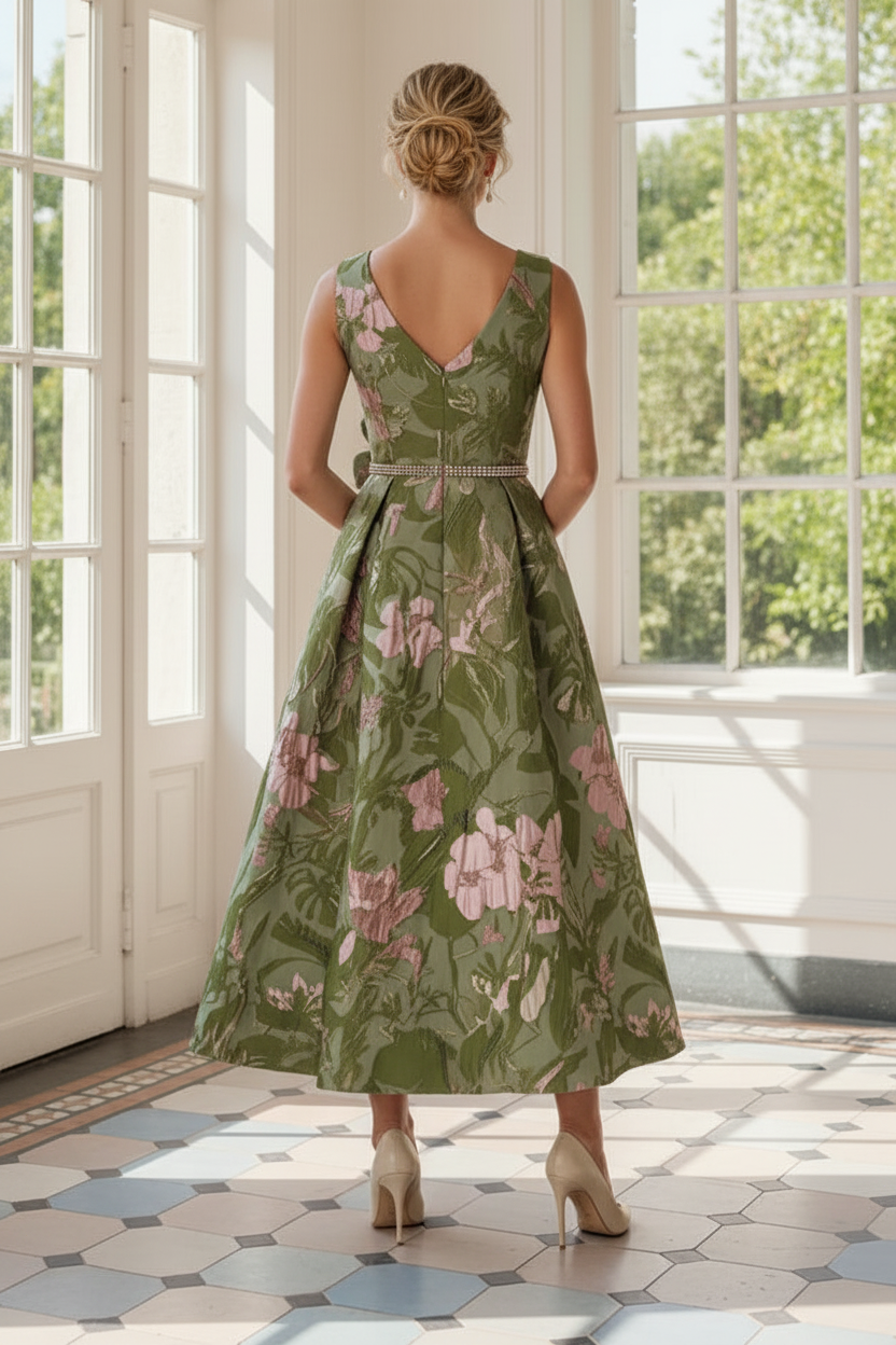 Floral Jacquard A-Line Tea-Length Dress with Belt