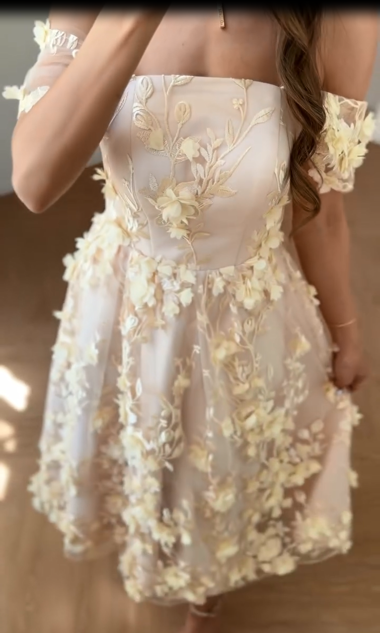 3D Floral Applique Off-the-Shoulder Midi Dress