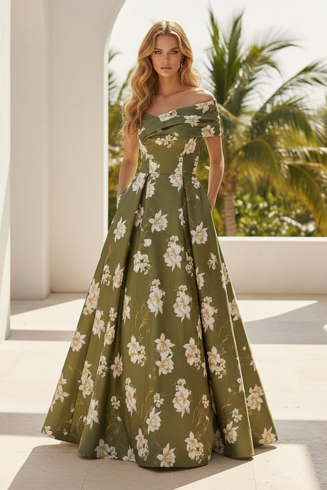 Off-the-Shoulder Floral A-Line Gown with Pockets