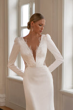 Long Sleeve Crepe Fit and Flare Wedding Dress