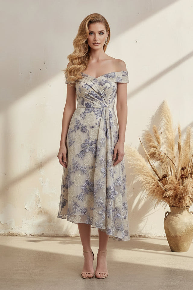 Off-the-Shoulder Jacquard Asymmetrical Midi Dress
