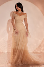 Off-the-Shoulder Ruched Tulle Evening Gown