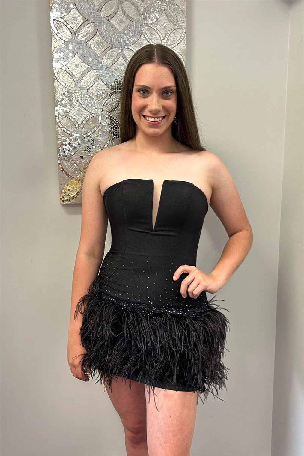 Strapless Plunging Neckline Feather Hem Mini Dress