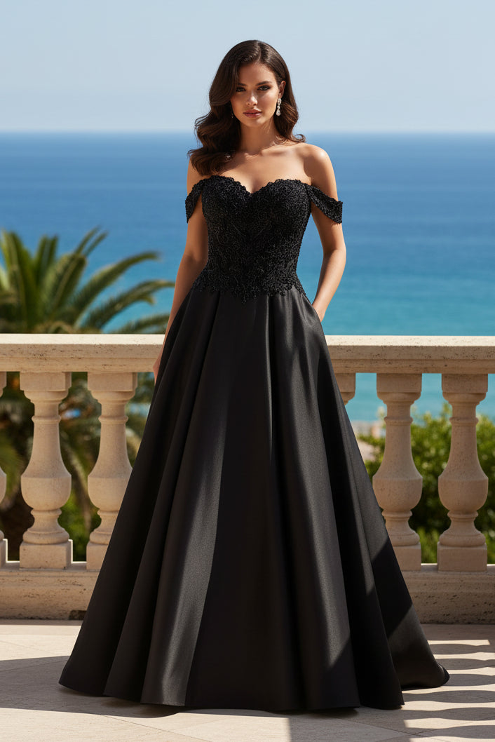Beaded Corset Off-the-Shoulder Satin Ball Gown