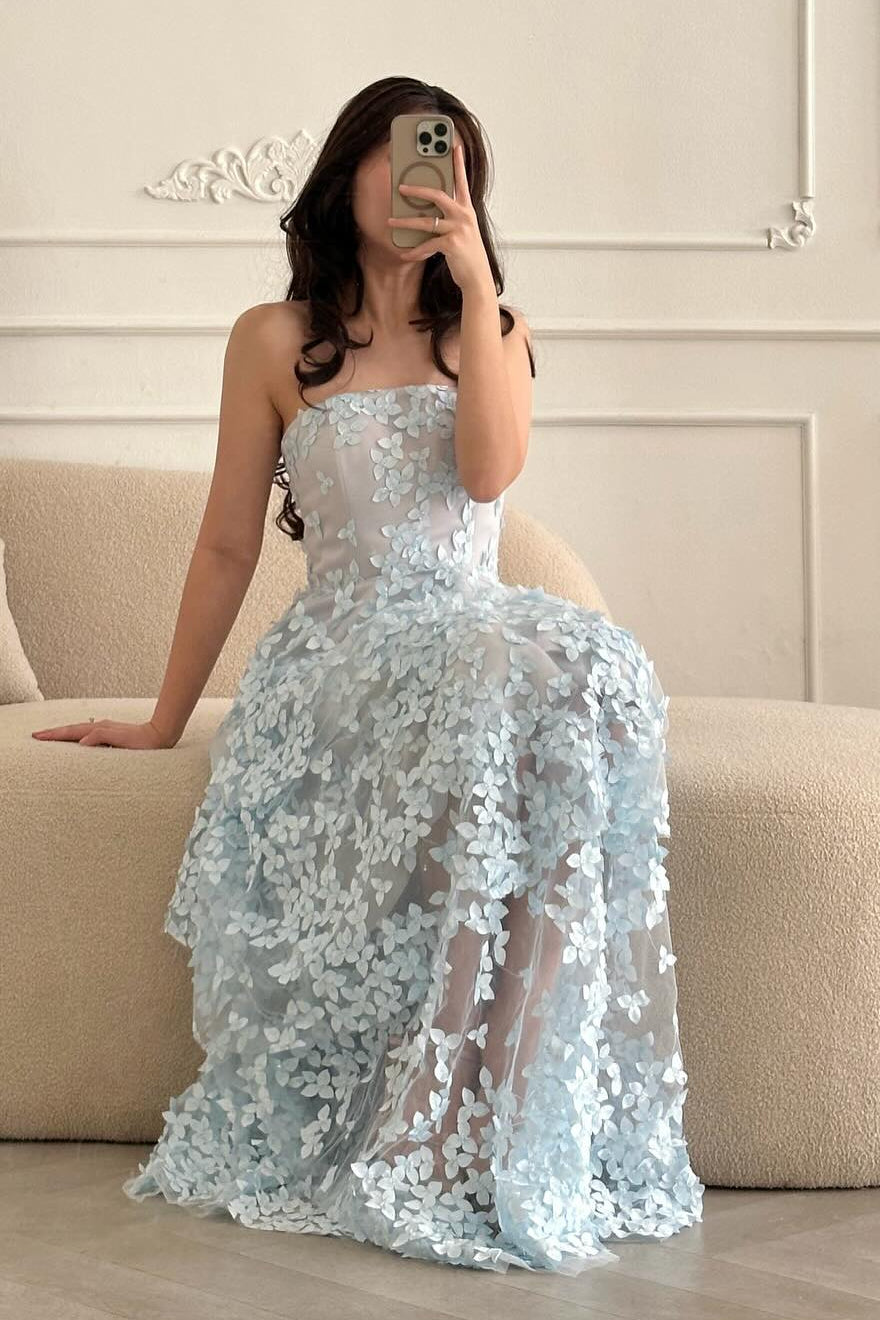 3D Floral Applique Strapless Tiered Tulle Gown