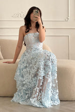 3D Floral Applique Strapless Tiered Tulle Gown