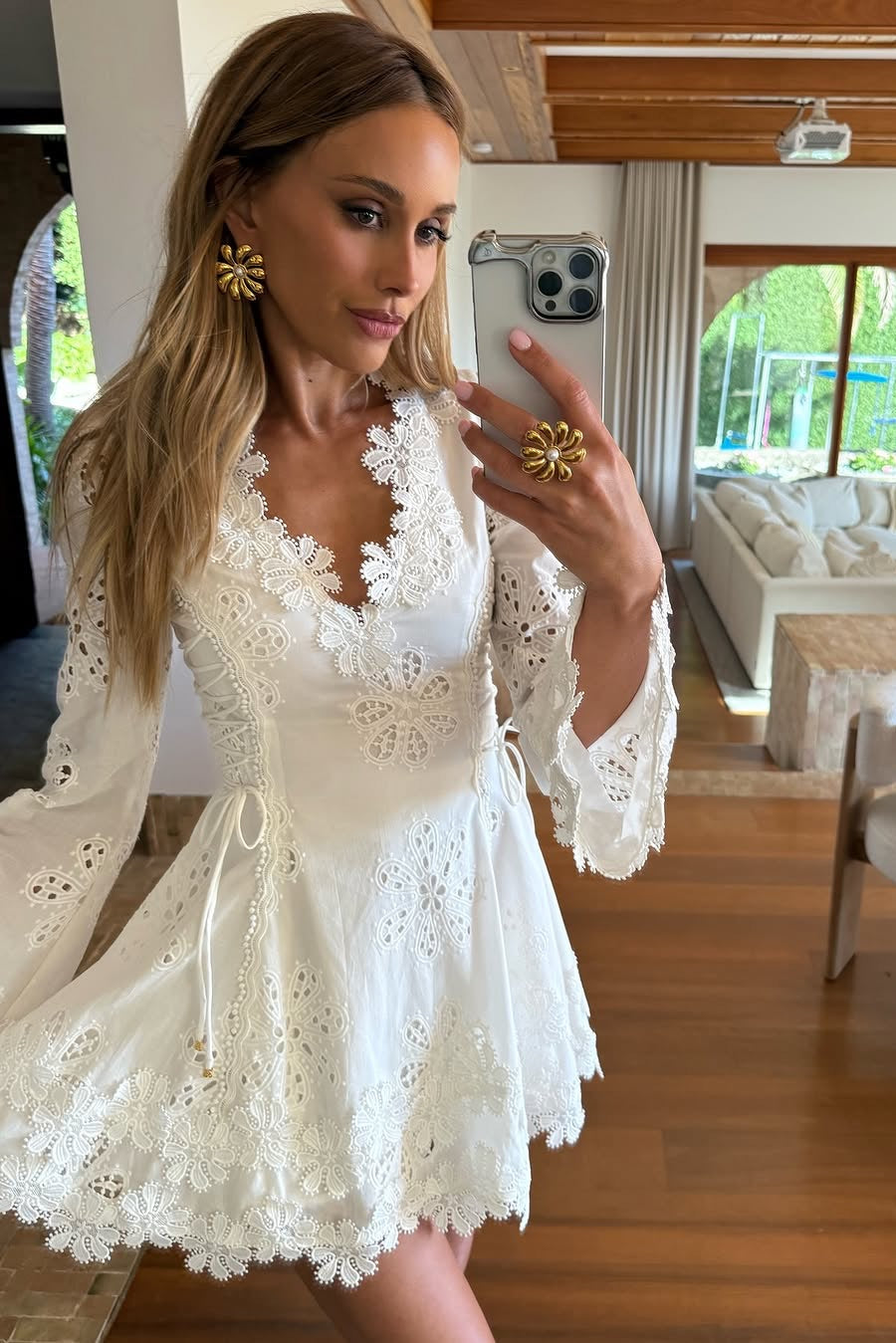 Scalloped V-Neck Lace Mini Dress with Bell Sleeves