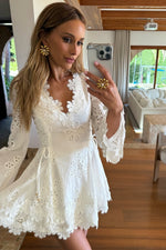 Scalloped V-Neck Lace Mini Dress with Bell Sleeves
