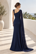 One-Shoulder Cape Gown with Floral Applique