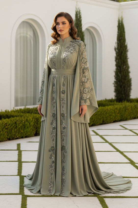 Beaded Floral Cape Sleeve Evening Gown with Train