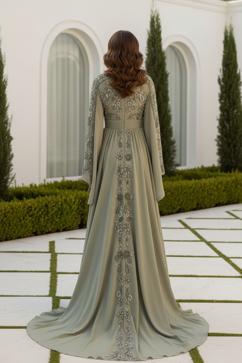 Beaded Floral Cape Sleeve Evening Gown with Train