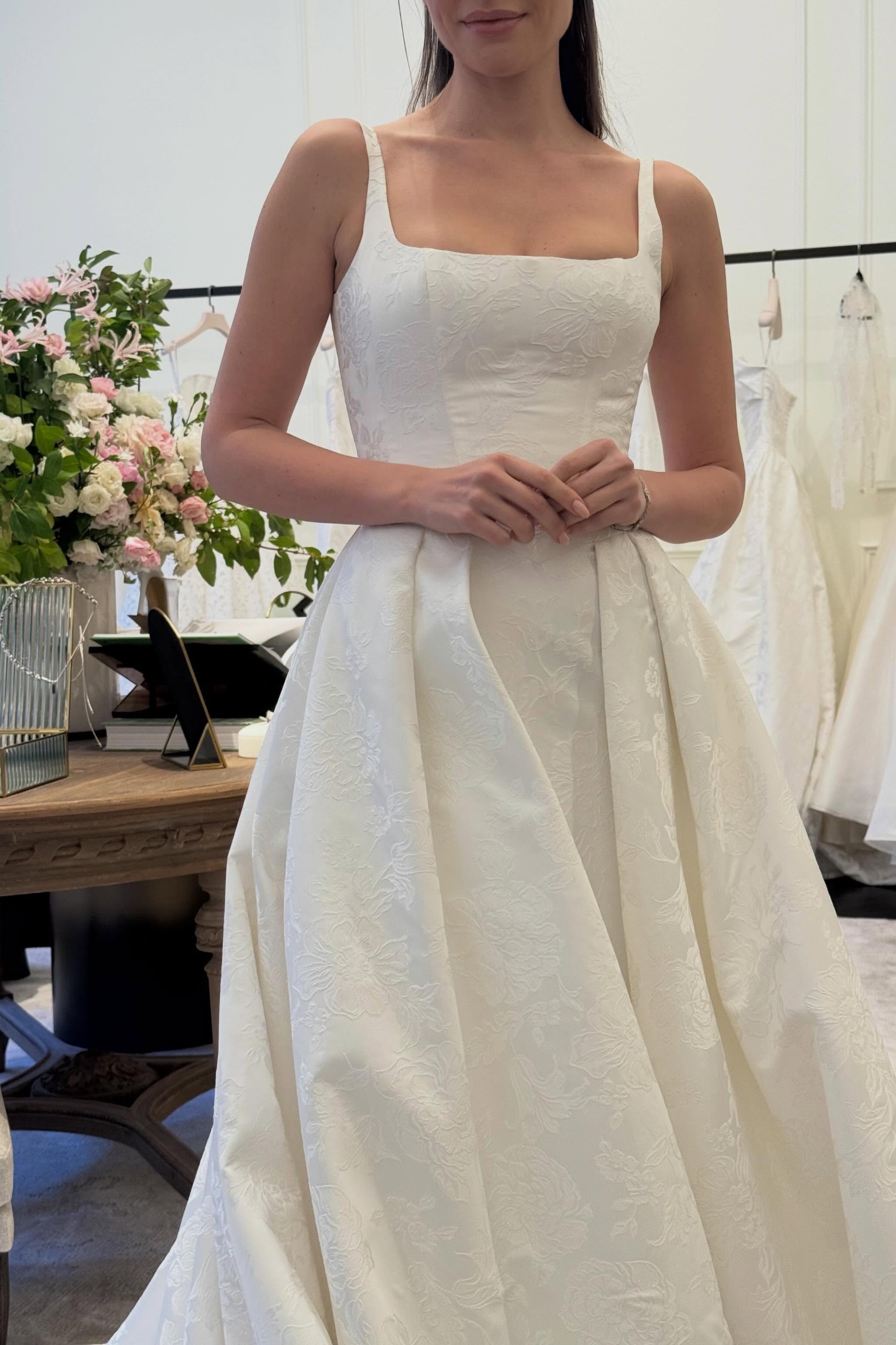 Square Neck Jacquard Ball Gown Wedding Dress