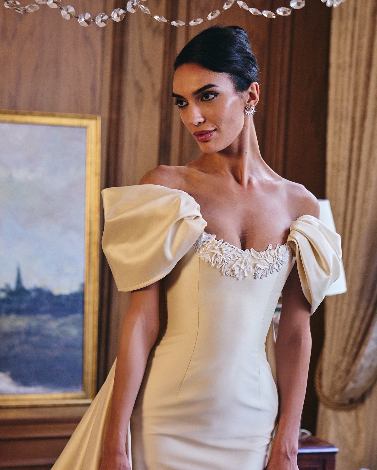 Off-the-Shoulder Satin Wedding Dress with Watteau Train