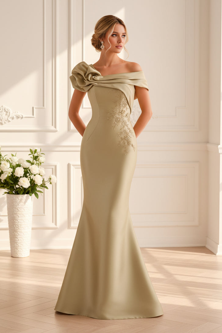 Rosette Off-Shoulder Embroidered Mermaid Gown