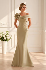 Rosette Off-Shoulder Embroidered Mermaid Gown