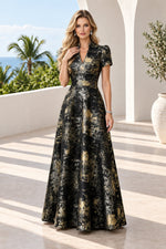 Floral Jacquard A-Line Gown with Mandarin V-Neck