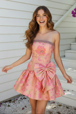 Strapless Floral Jacquard Mini Dress with Bow