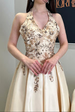 Embroidered Halter Tea-Length A-Line Dress