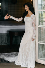 Long Sleeve Illusion Lace Wedding Dress with Train