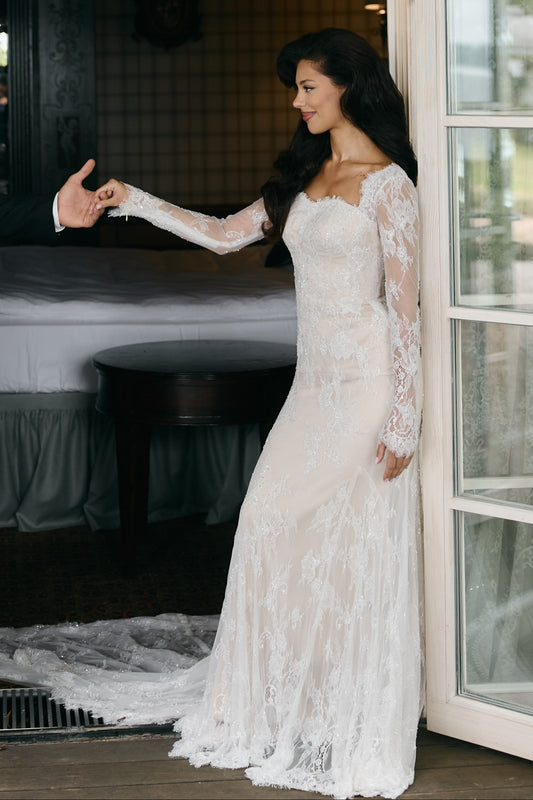 Long Sleeve Illusion Lace Wedding Dress with Train