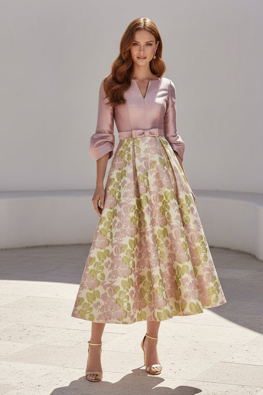 Tea-Length Floral Jacquard Dress with Bell Sleeves