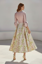 Tea-Length Floral Jacquard Dress with Bell Sleeves
