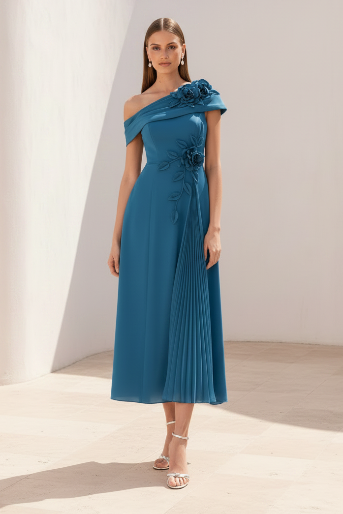One-Shoulder Pleated Midi Dress with 3D Flowers