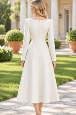 Pearl Button Lace Trim Long Sleeve Midi Dress