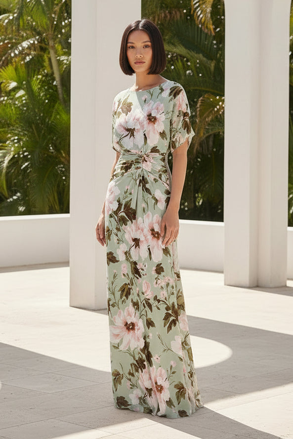 Elegant Ruched Waist Floral Maxi Dress