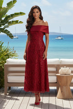 Off-the-Shoulder Sequin A-Line Midi Dress