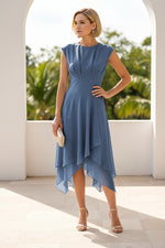 Cap Sleeve High-Low Midi Dress with Pleated Bodice
