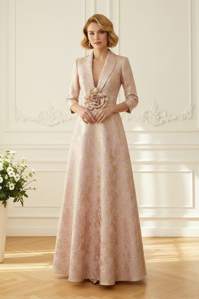Deep V-Neck Jacquard A-Line Evening Gown