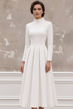 High Neck Pleated Midi Dress with Long Sleeves