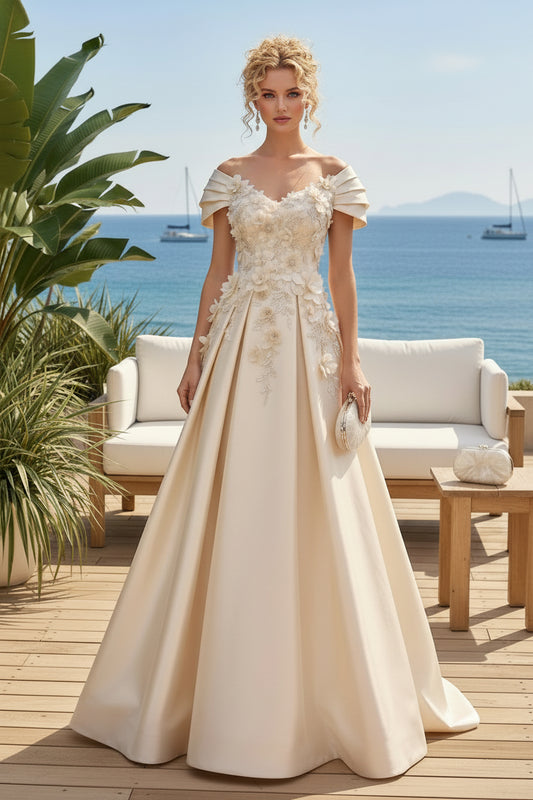 Off-Shoulder Floral Applique A-Line Wedding Gown