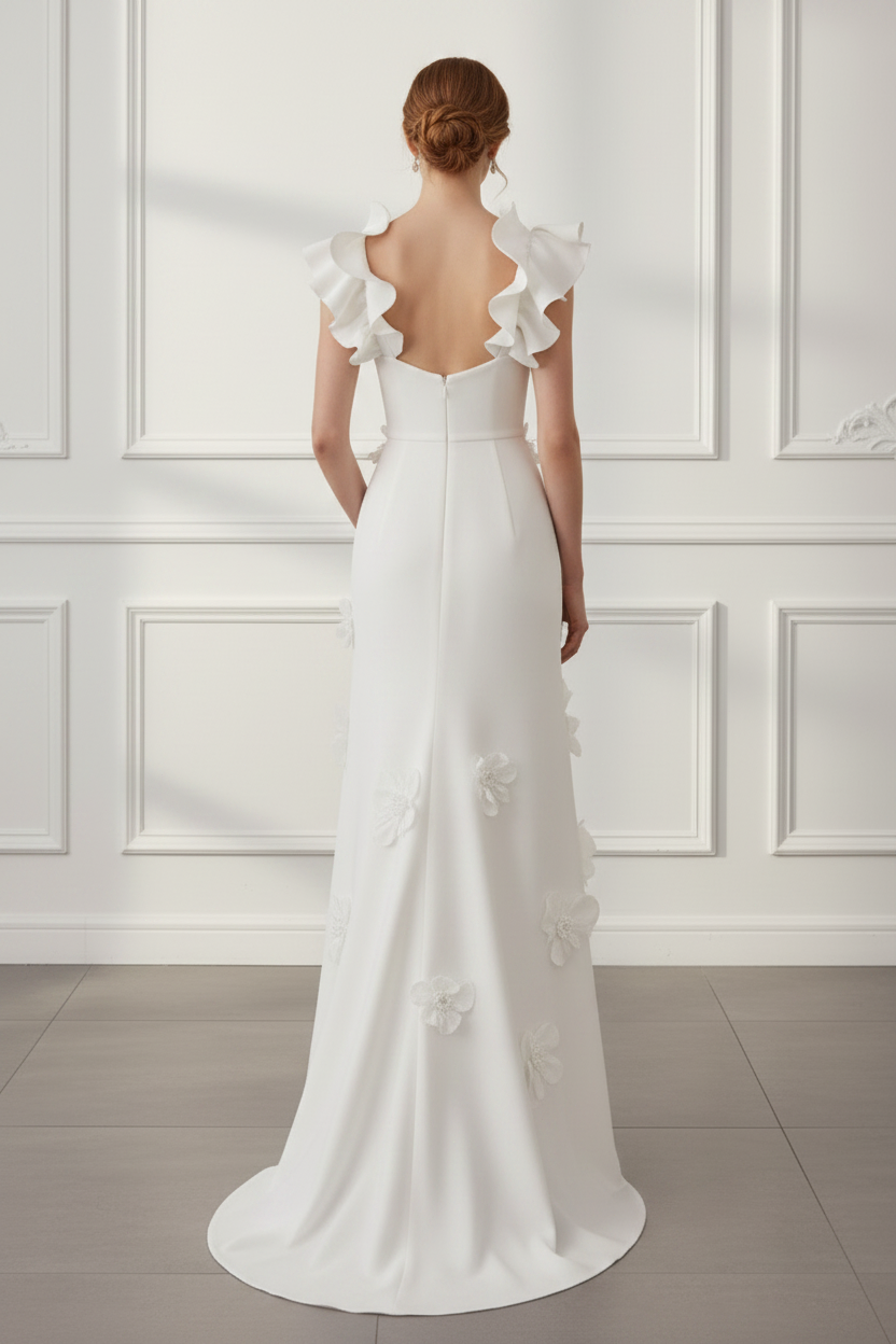 Romantic 3D Floral Sweetheart Column Gown with Ruffled Straps