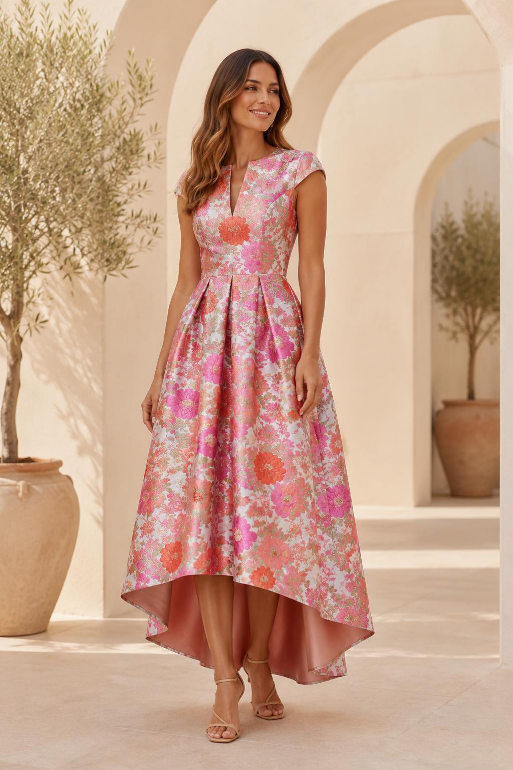 Floral Jacquard High-Low Cap Sleeve Dress