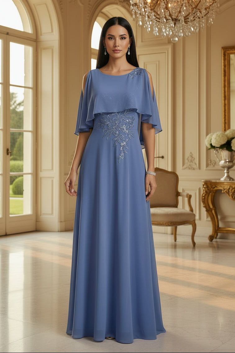 Capelet Cold Shoulder Embroidered Chiffon Evening Gown