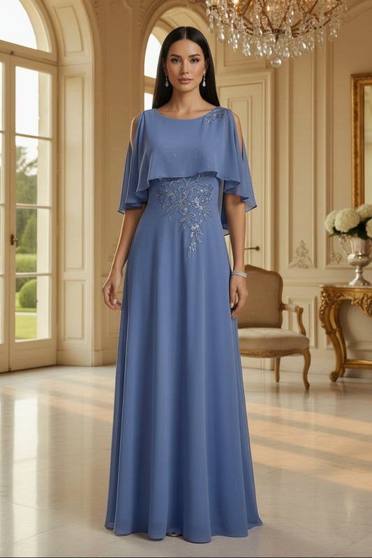 Capelet Cold Shoulder Embroidered Chiffon Evening Gown