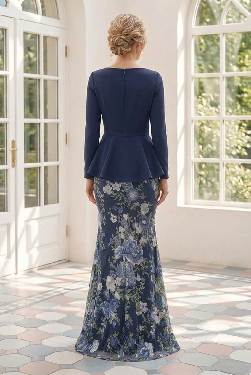 Peplum Long Sleeve Embroidered Maxi Dress