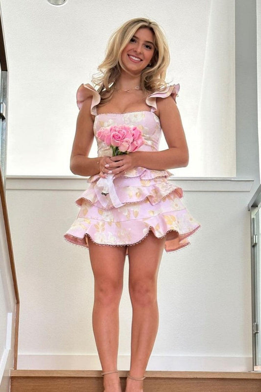 Tiered Metallic Jacquard Mini Dress