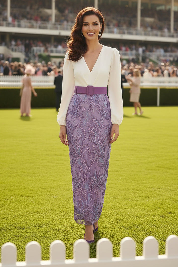 Beaded Column Midi Dress with Long Sleeves