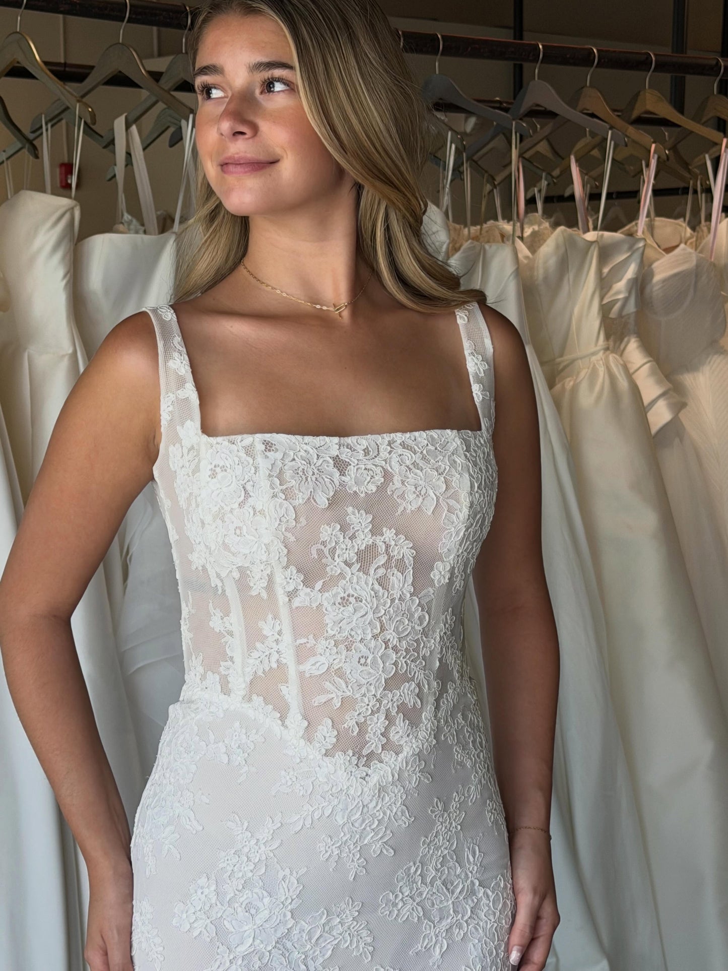 Square Neck Lace Corset Wedding Dress