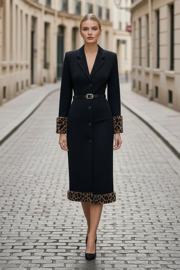 Collared Midi Blazer Dress with Leopard Trim