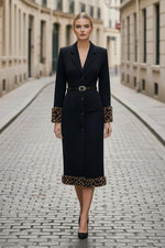 Collared Midi Blazer Dress with Leopard Trim