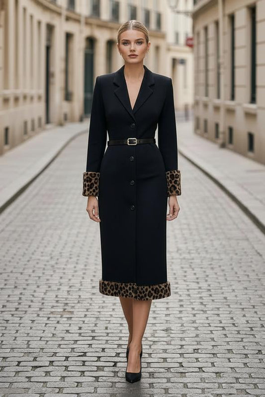 Collared Midi Blazer Dress with Leopard Trim
