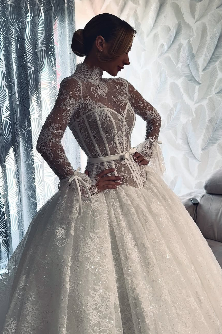 High Neck Lace Ball Gown Wedding Dress
