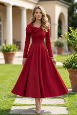 Cowl Collar A-Line Midi Dress with Long Sleeves