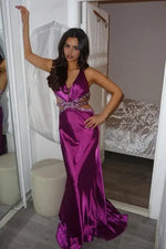 Embellished Cut-Out Satin Mermaid Evening Gown