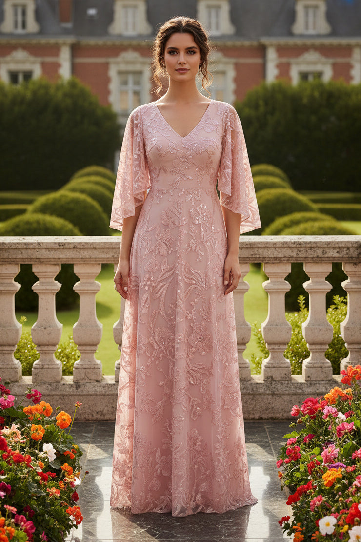 V-Neck Lace A-Line Evening Dress with Flutter Sleeves
