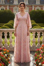 V-Neck Lace A-Line Evening Dress with Flutter Sleeves
